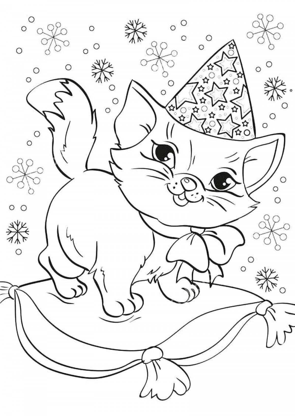 Раскраска украшенный кот на новый год