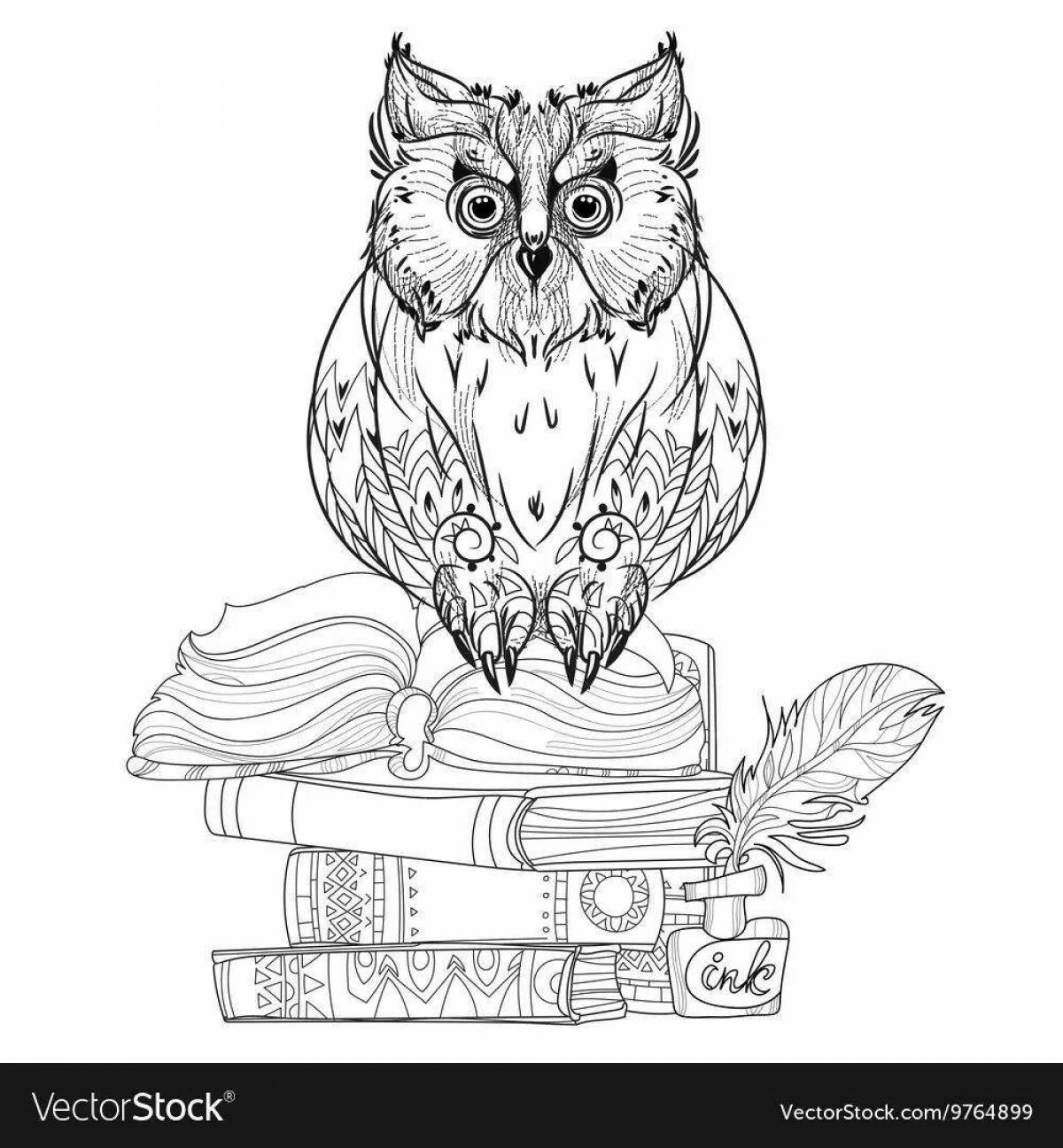 Лучезарная раскраска сова с книгами