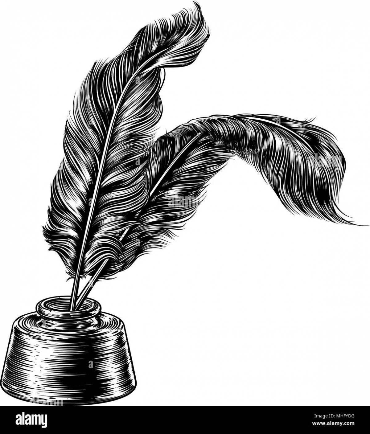 Detailed coloring page of inkwells and pens