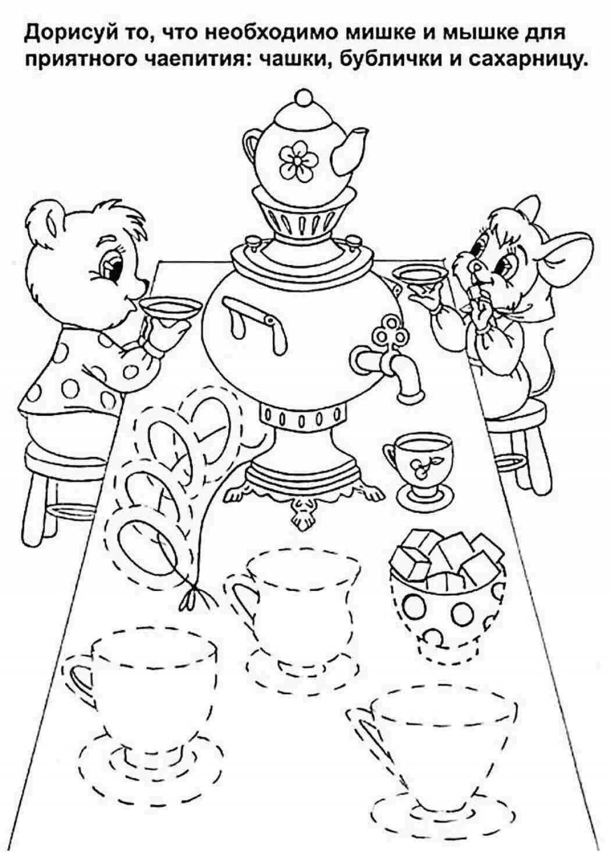 Colorful tableware coloring book for preschoolers