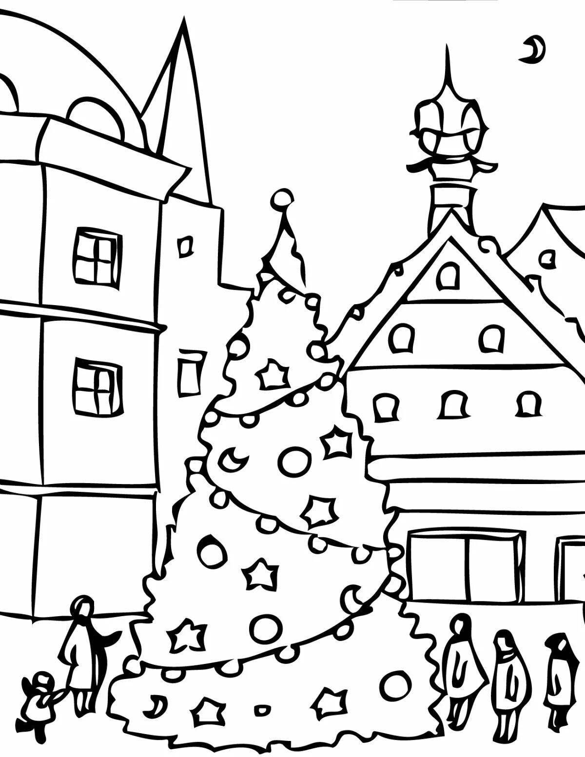 Colorful winter town coloring page for kids