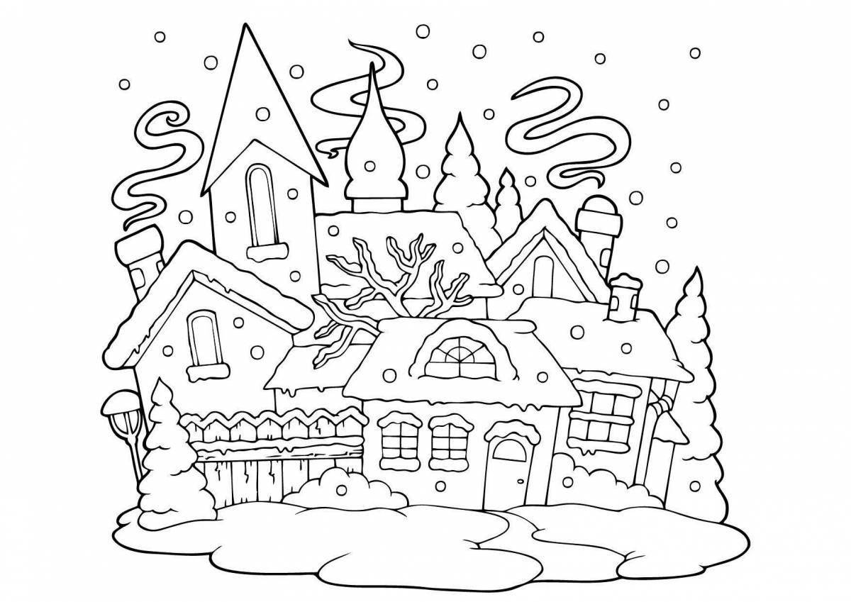 Shiny winter town coloring page for kids