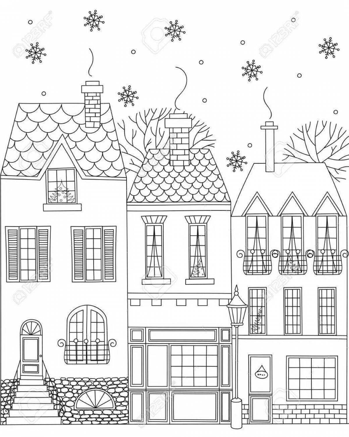 Colouring bright winter town for children