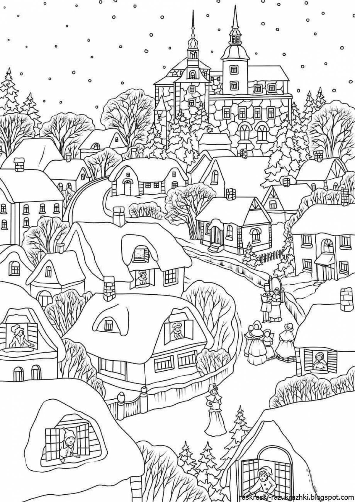 Exquisite winter town coloring book for kids