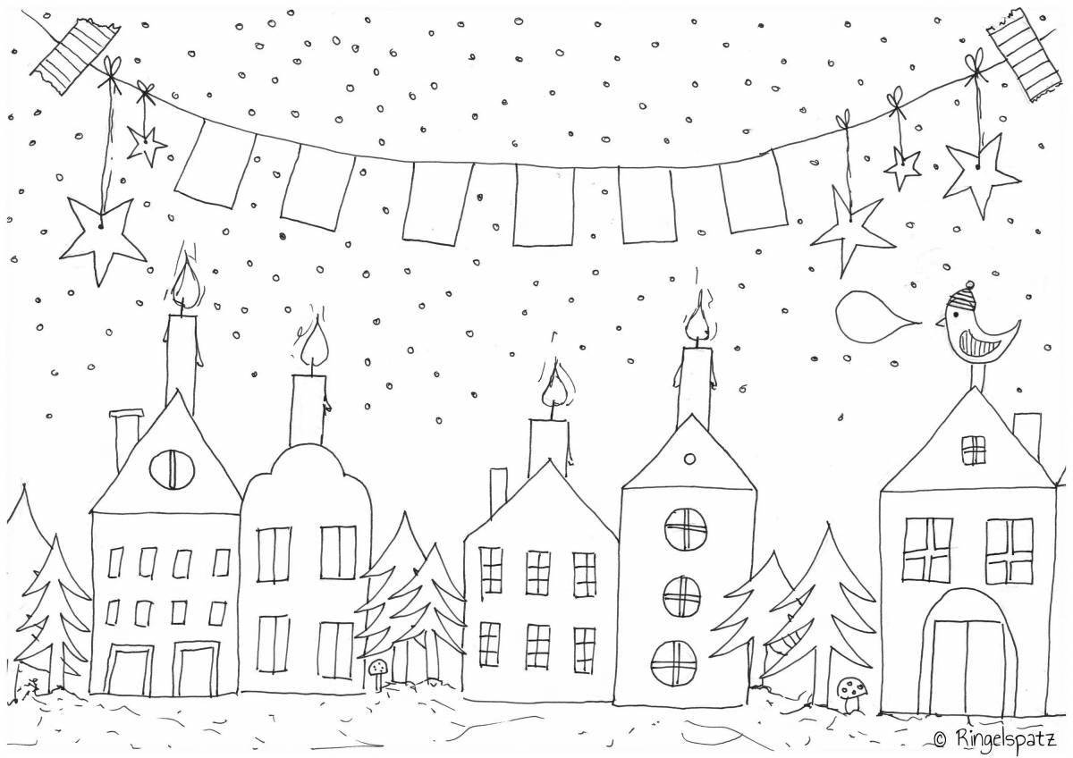 Adorable winter town coloring page for kids
