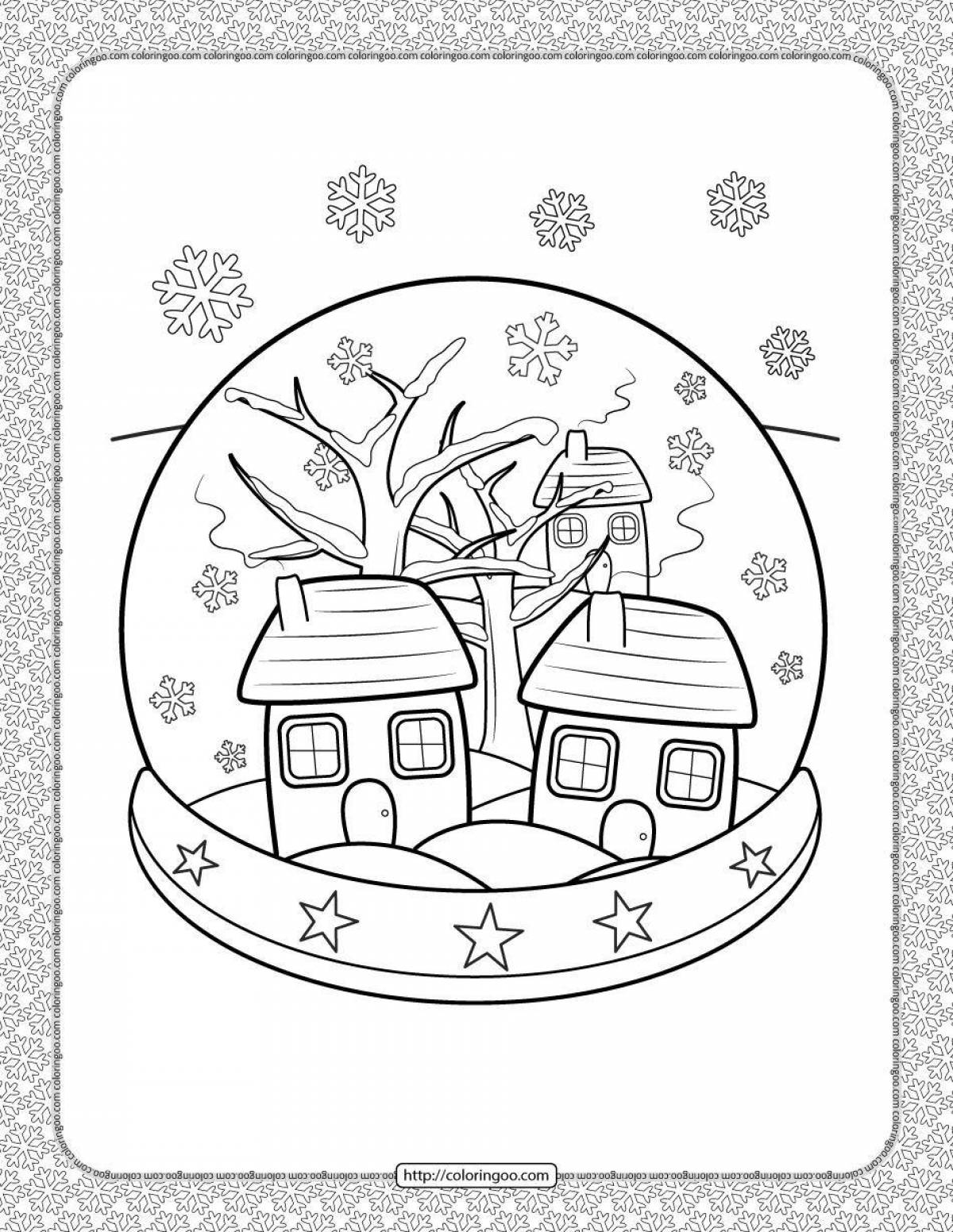 Coloring book glowing winter town for kids