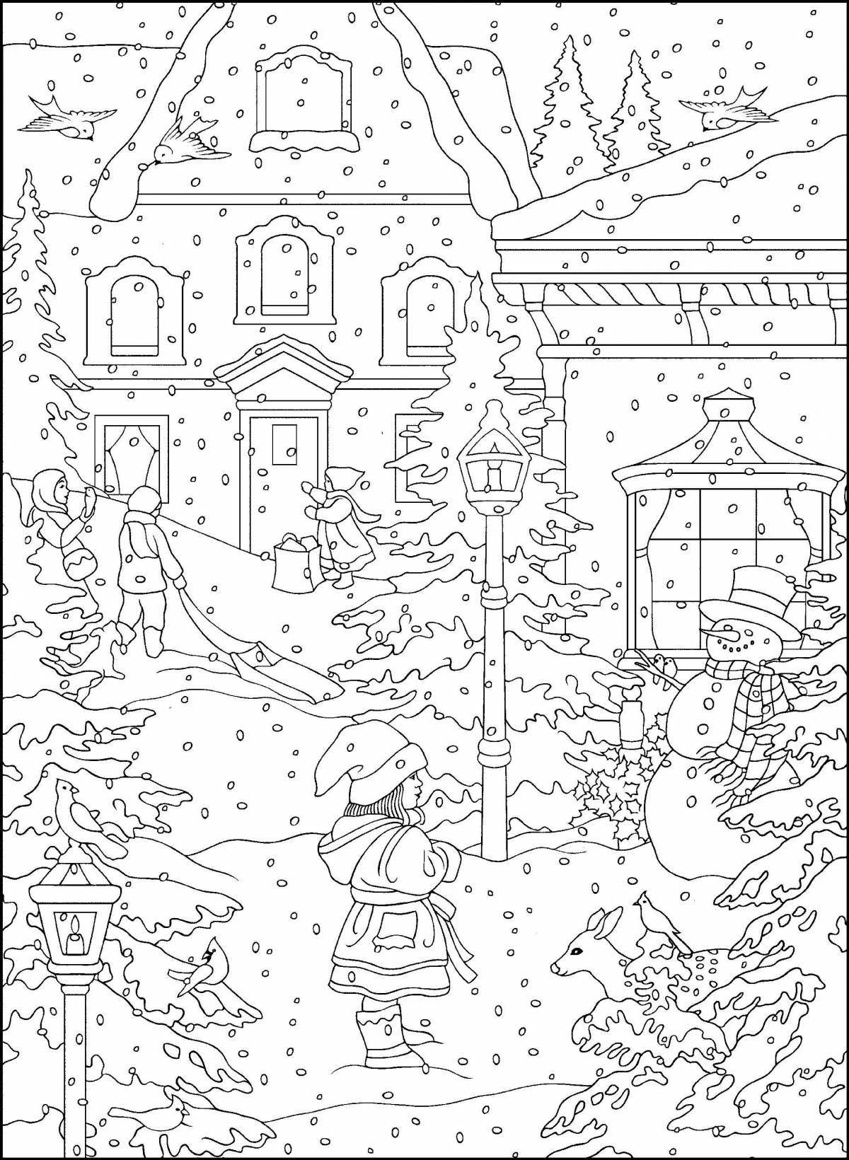 Coloring book beautiful winter town for children