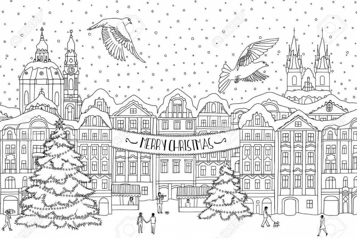 Coloring book winter shining town for children