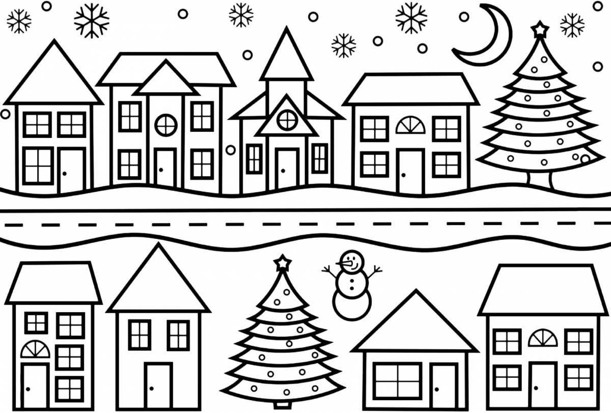 Children's charming winter town coloring page