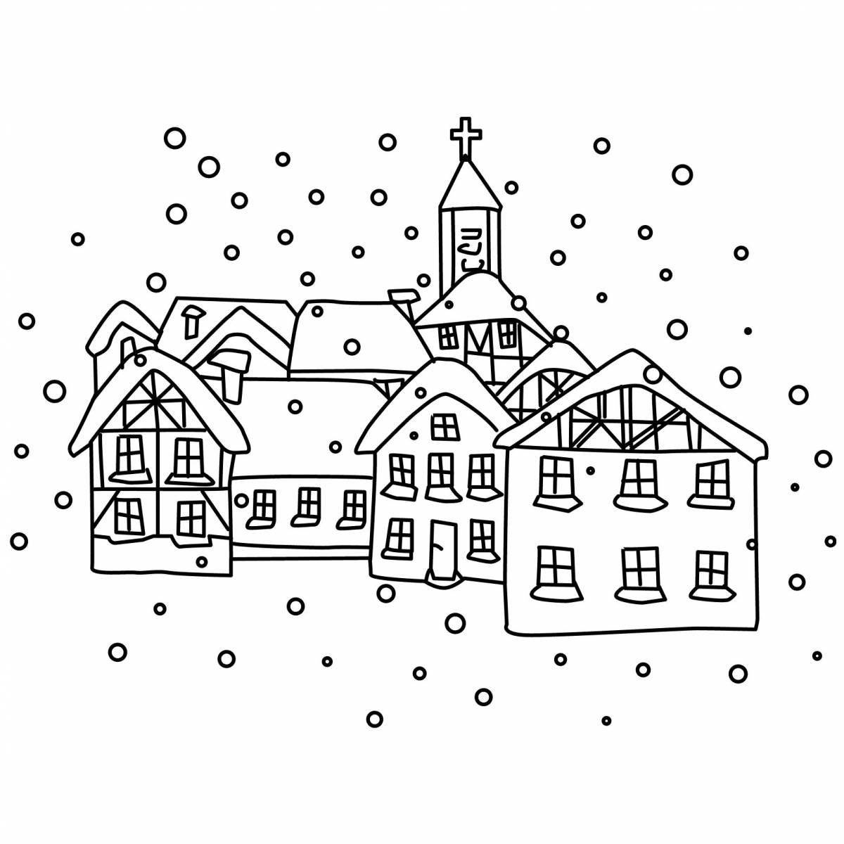 Coloring pages funny winter town for kids