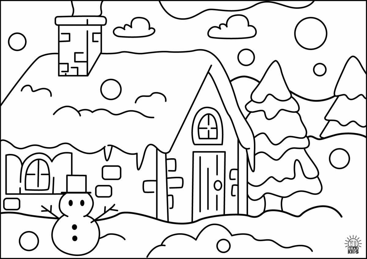 Причудливая раскраска зимний городок для детей