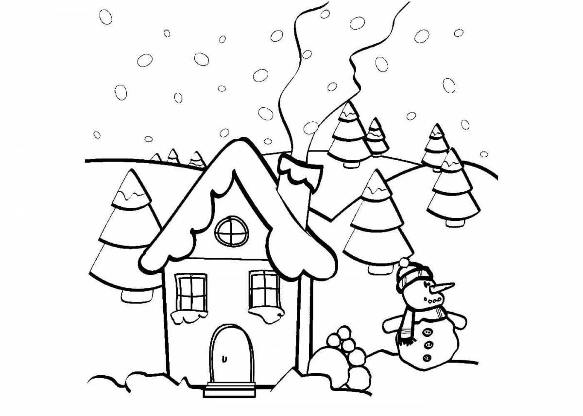 Colourful winter house coloring book for kids