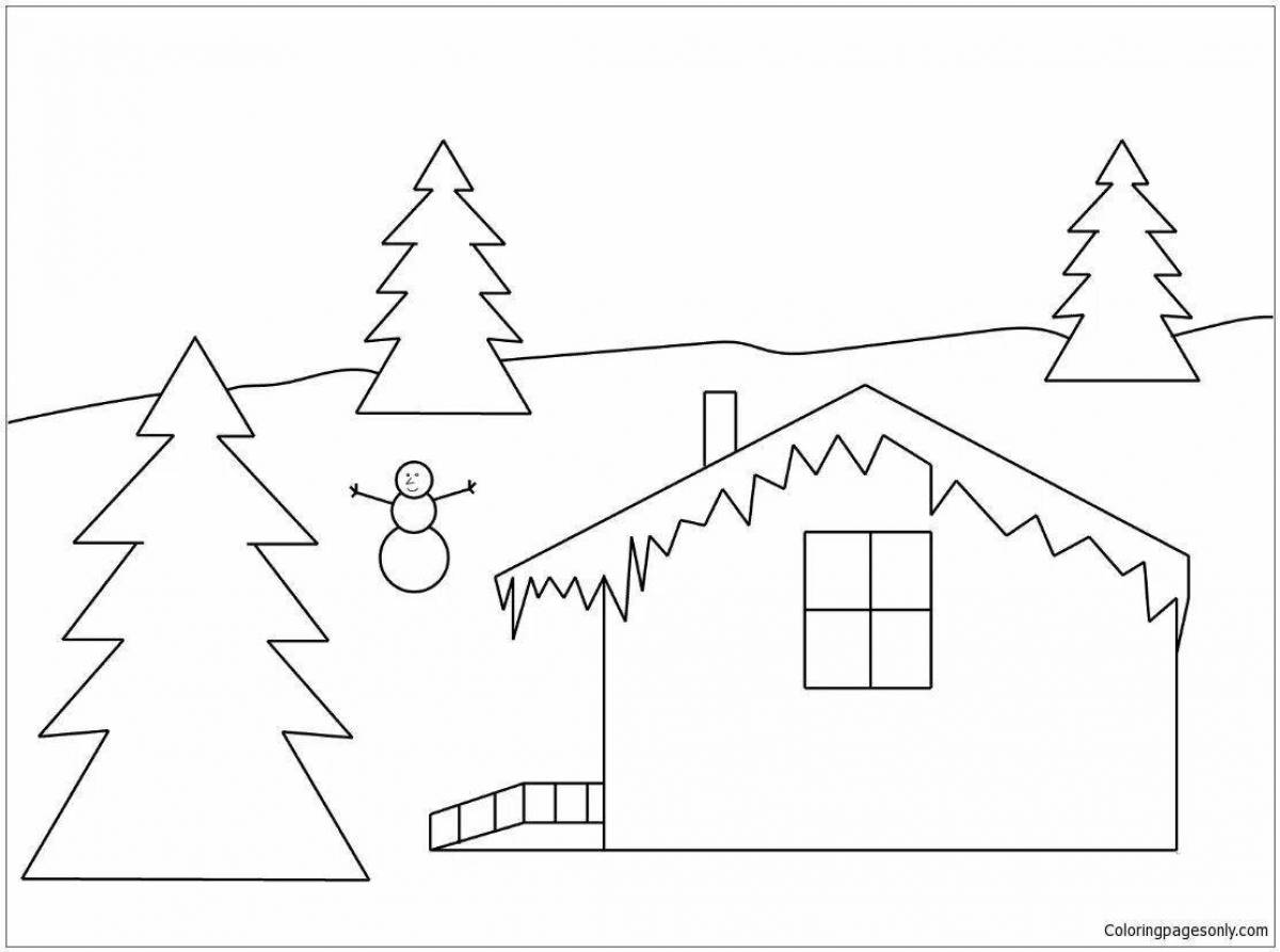 Coloring page joyful winter house for children
