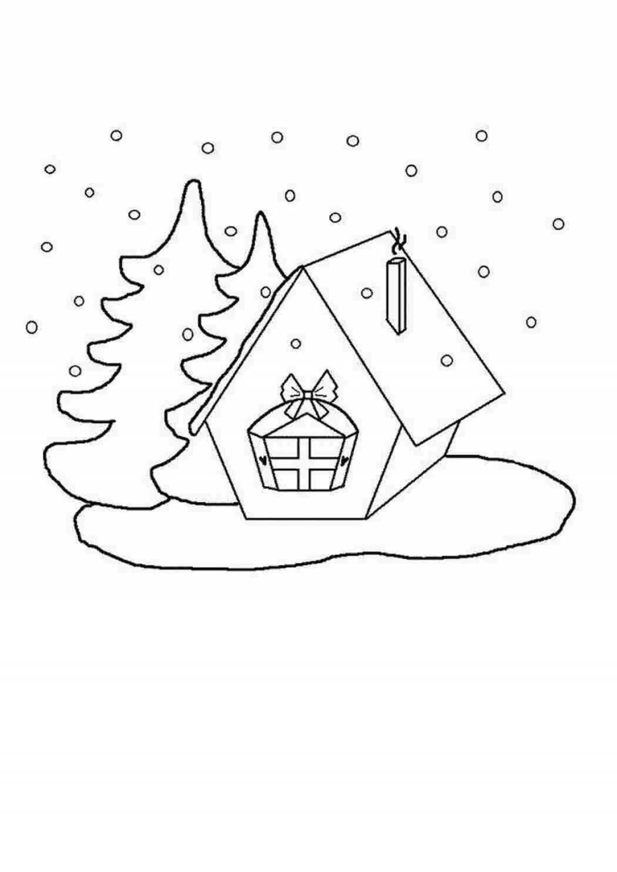 Веселая раскраска «зимний дом» для детей