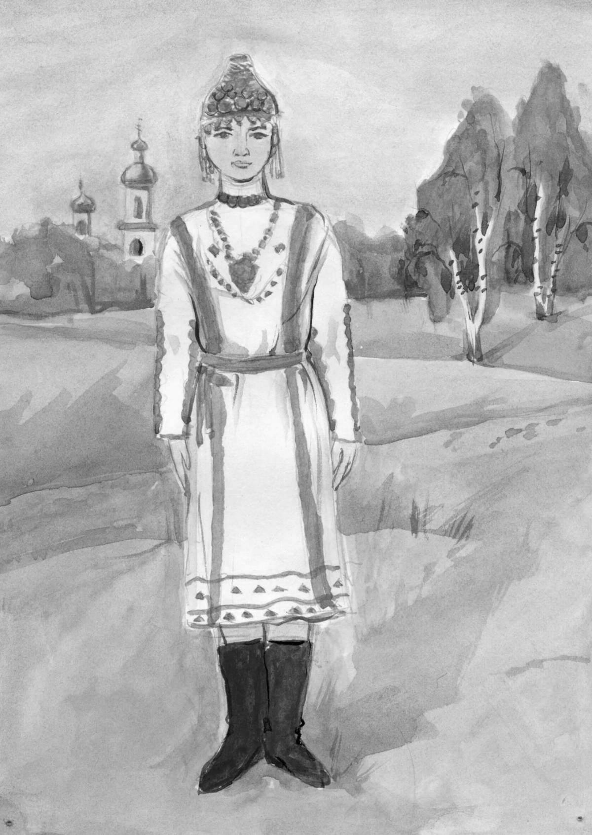 Раскраска чувашский народный костюм