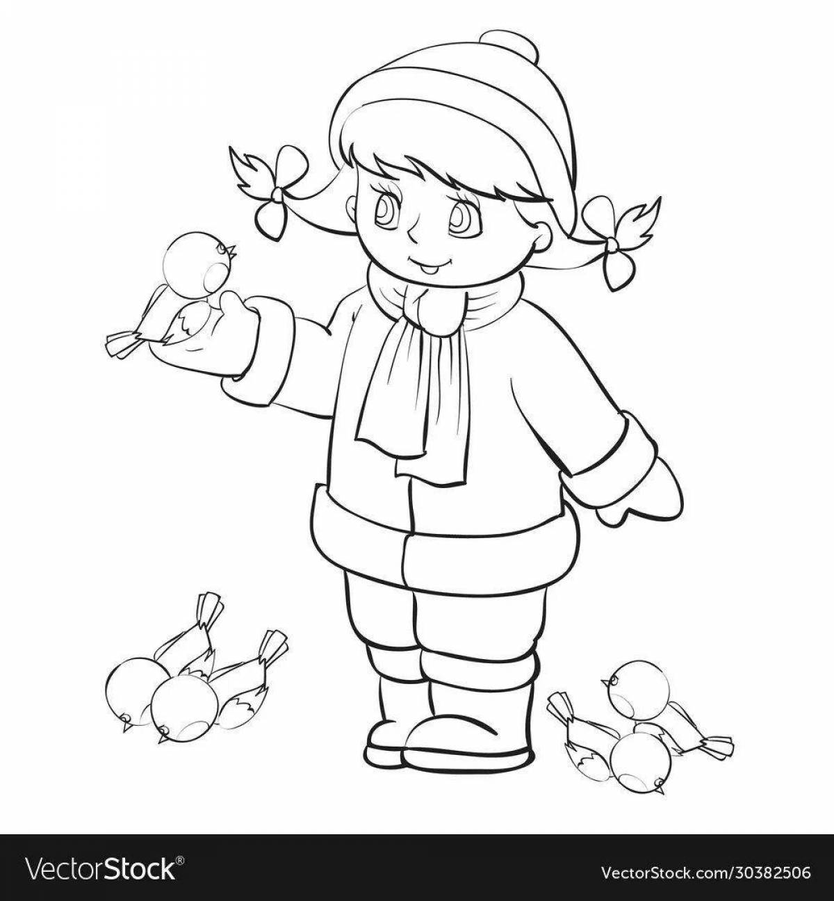 Colorful feeding of birds in winter for children