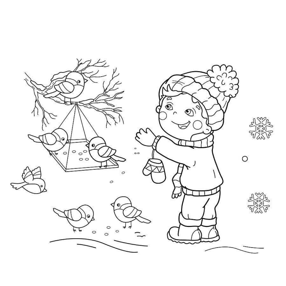 Whimsical presentation of birds in winter for children