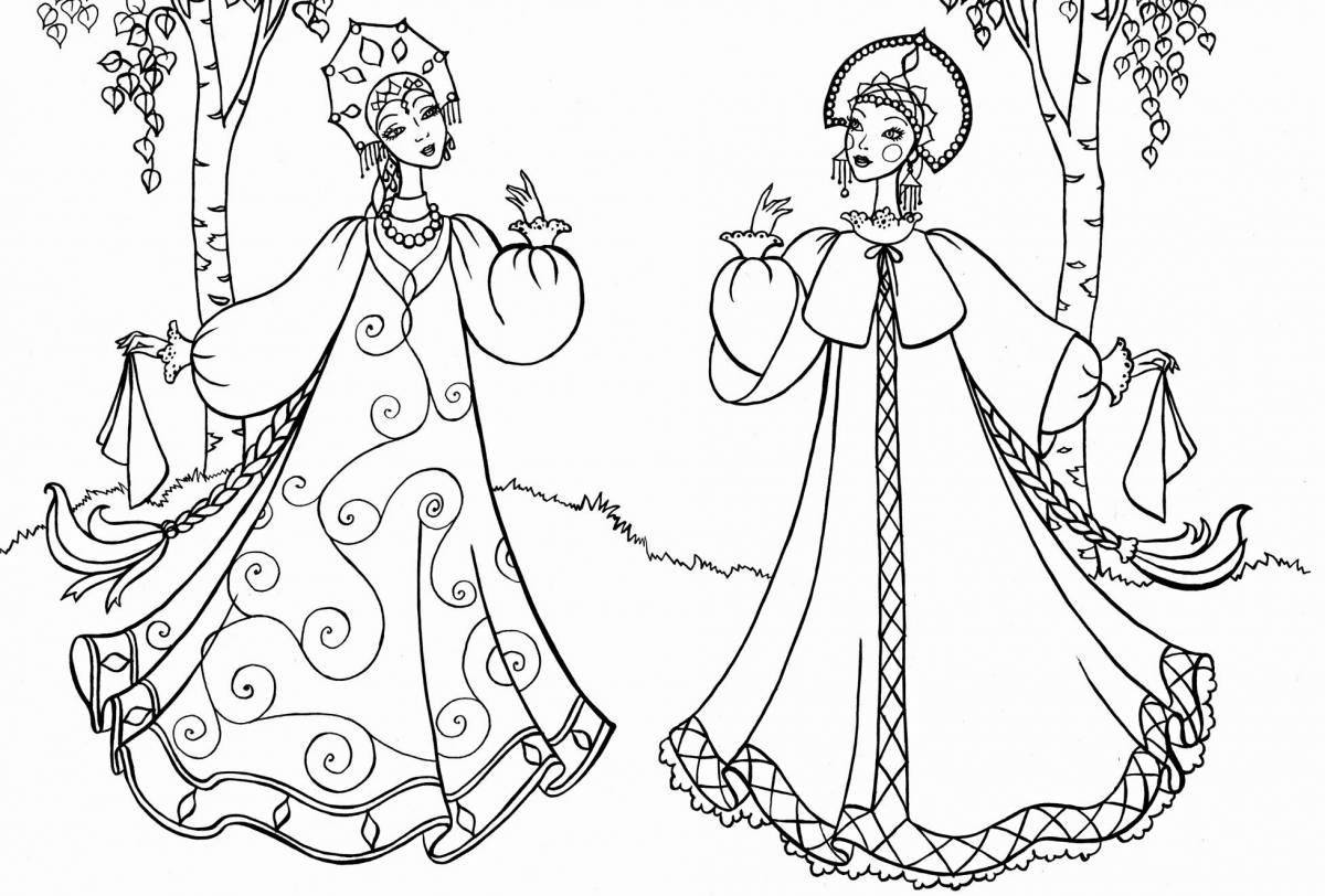 Coloring page authentic Russian folk costume