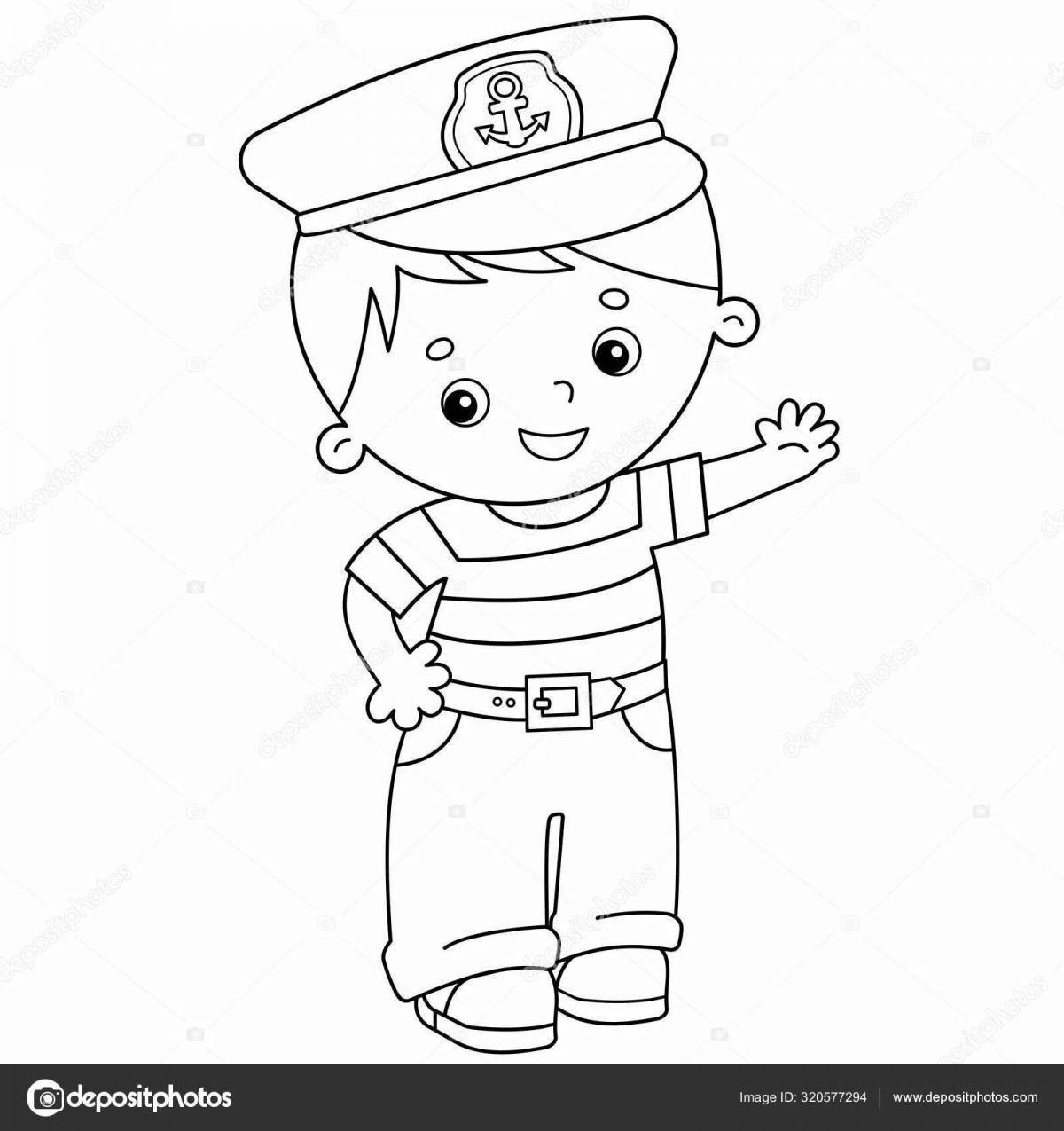 Courageous coloring boy in military uniform