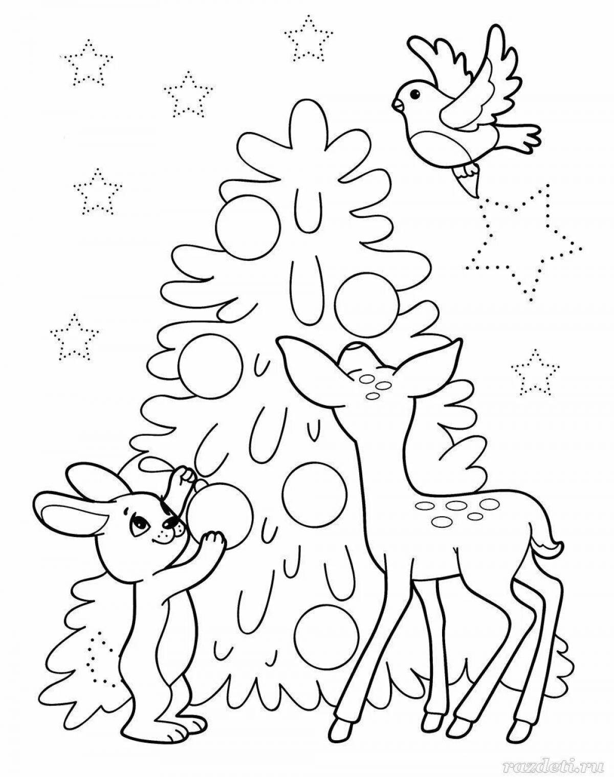 Раскраска новогодний зайчик с елкой