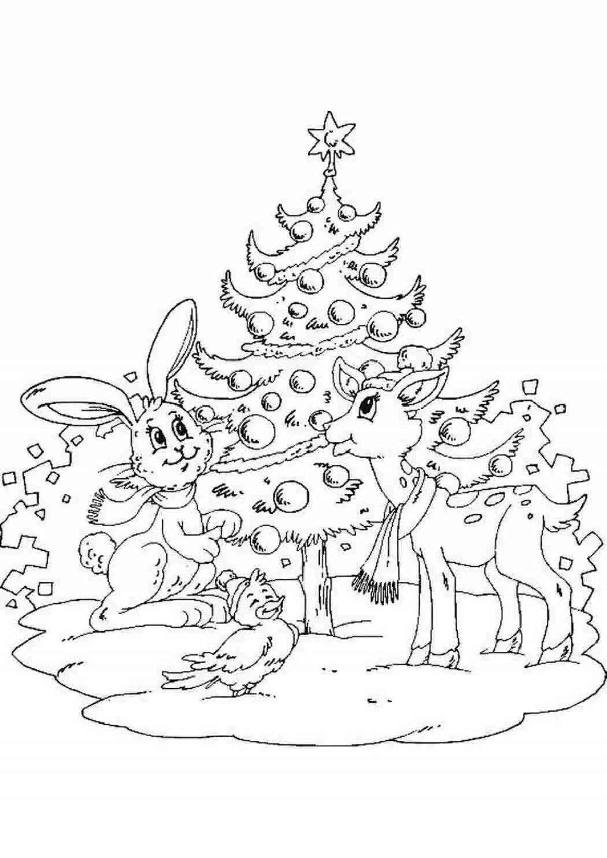 Новогодние раскраски со зверями и елкой