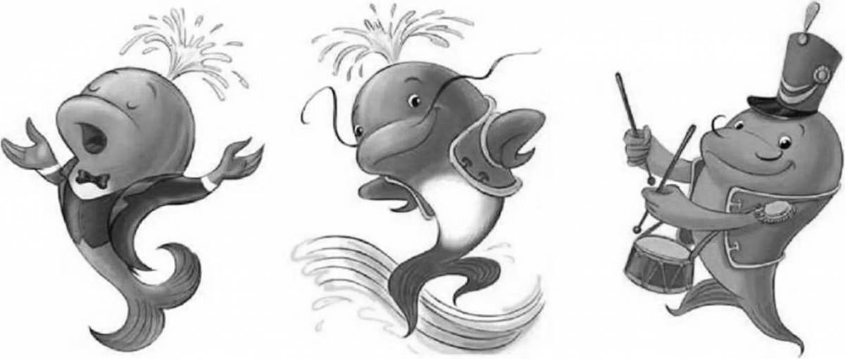 Radiant three whales in music coloring page