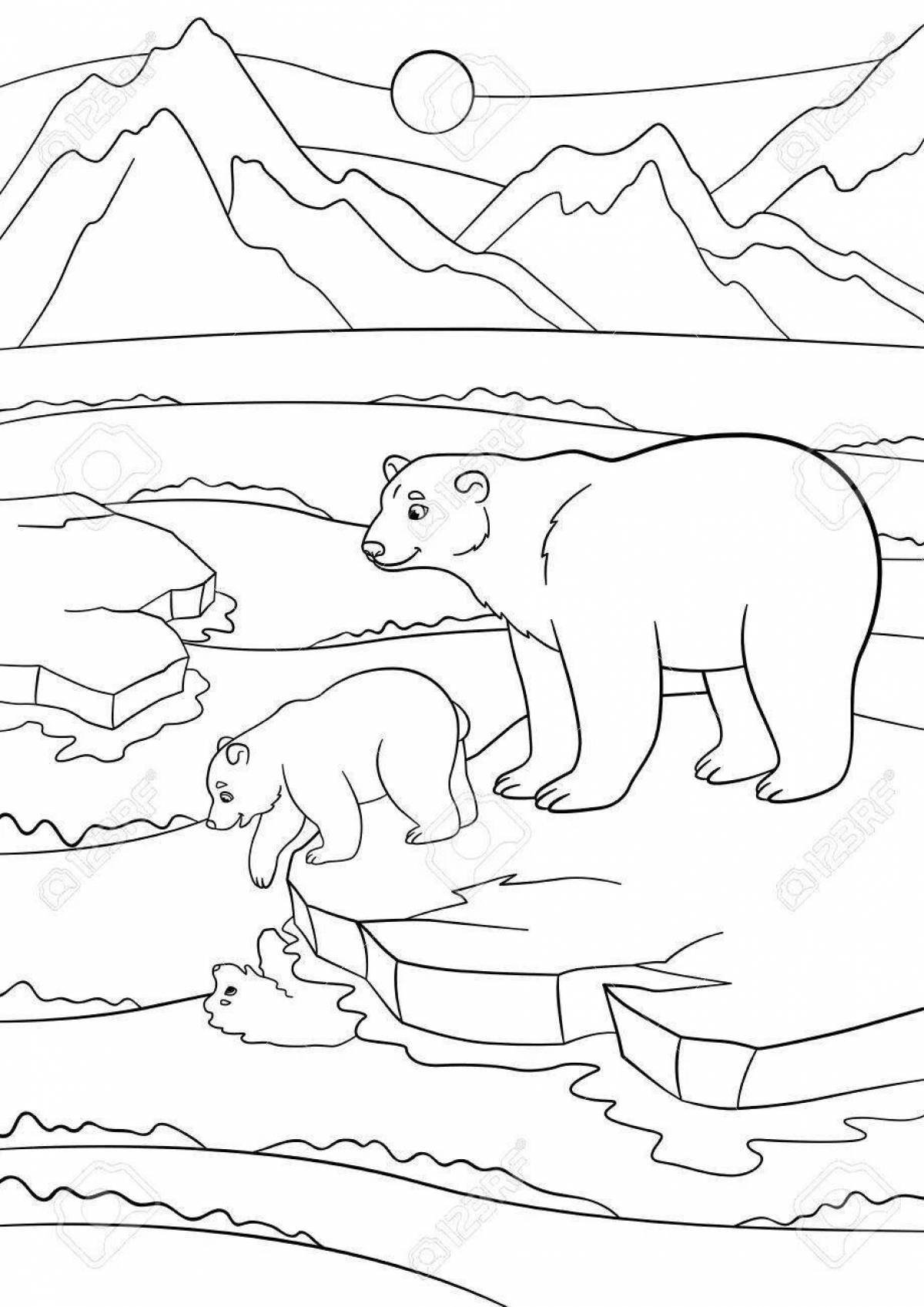 Coloring book glowing polar bear with cub