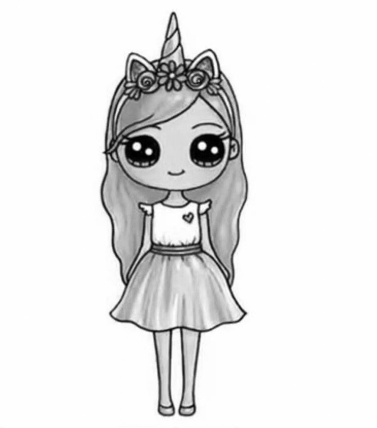 Sparkling coloring book of a girl dressed as a unicorn