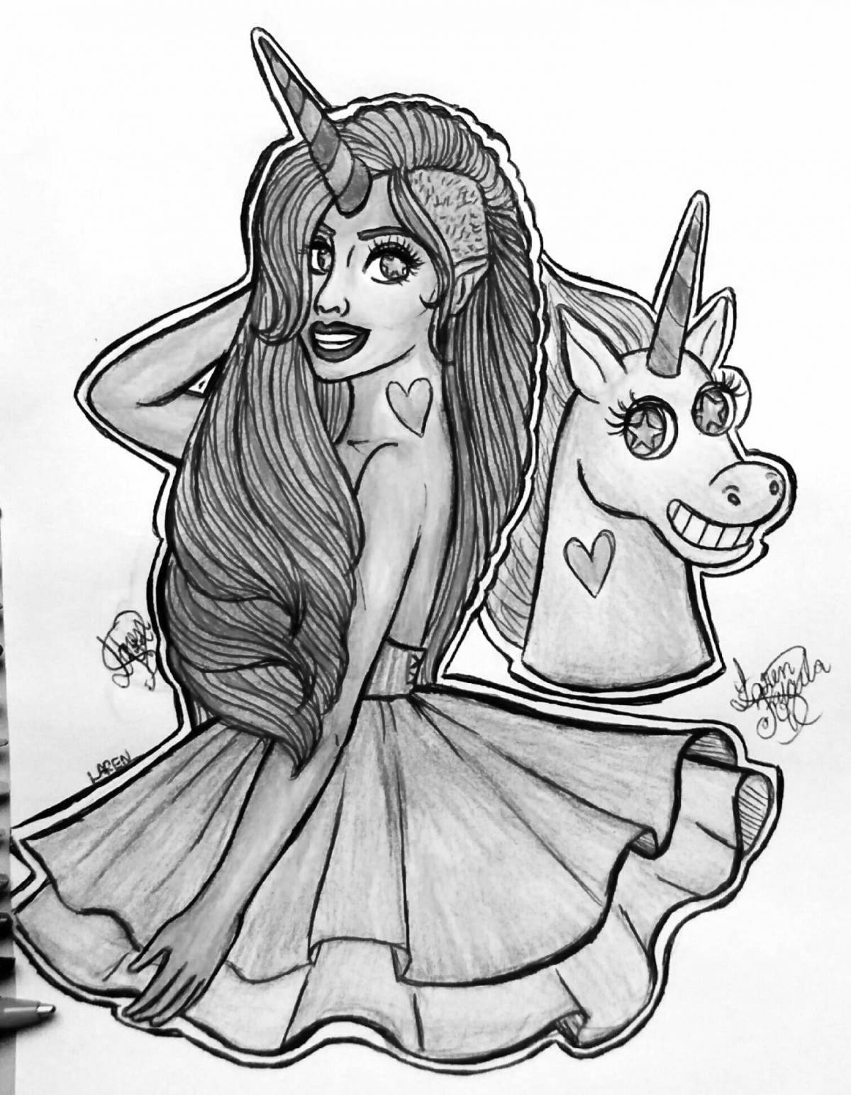 A bizarre coloring book of a girl dressed as a unicorn