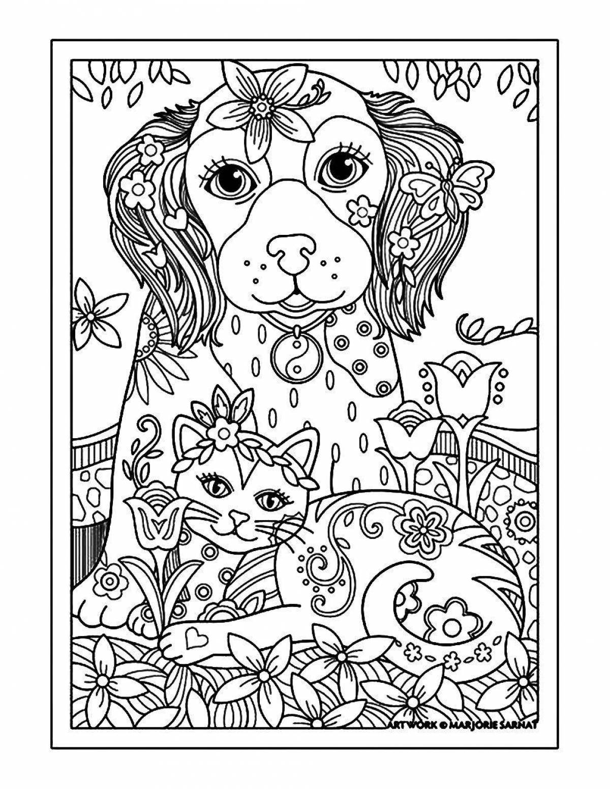 Adorable cute cat and dog coloring page