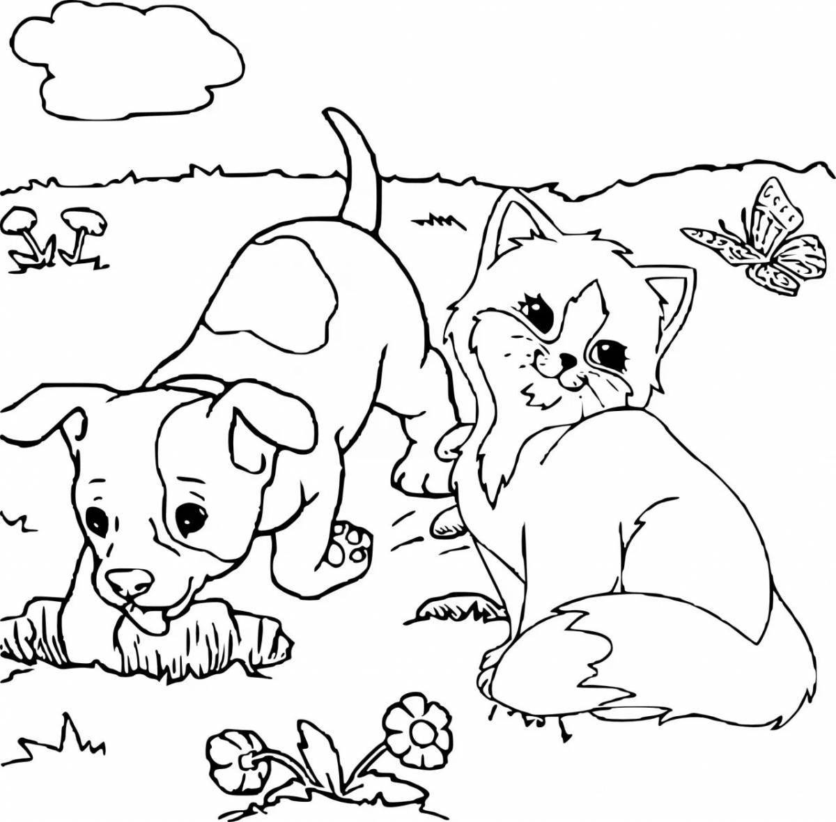 Colorful cute cats and dogs coloring page