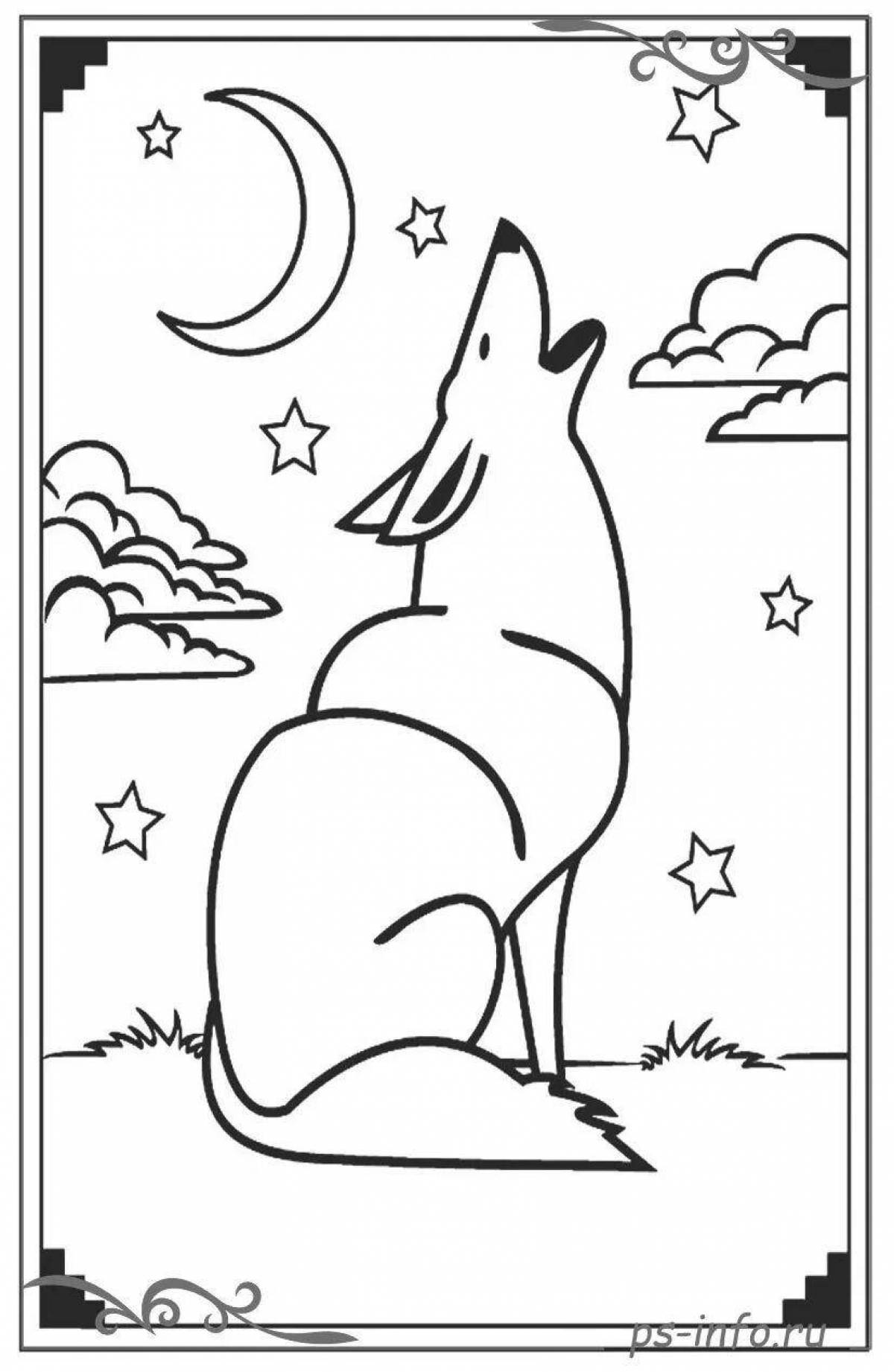 Coloring page mystical wolf howling at the moon