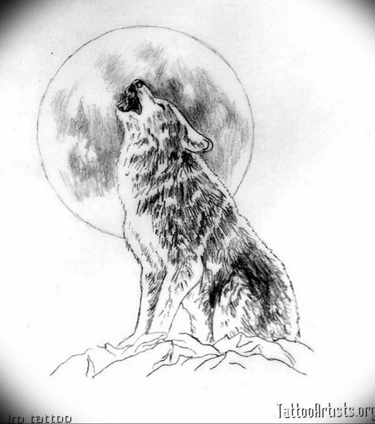 Coloring page gorgeous wolf howling at the moon