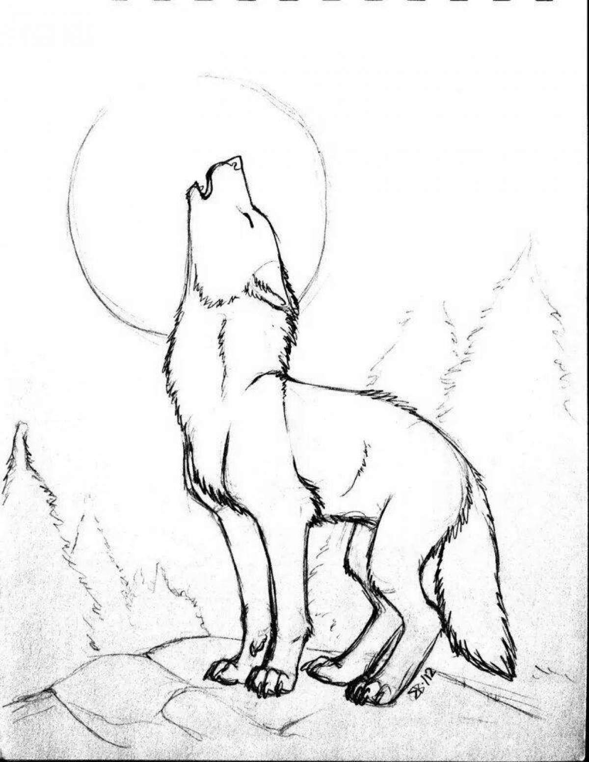 Блестящий волк, воющий на луну раскраска
