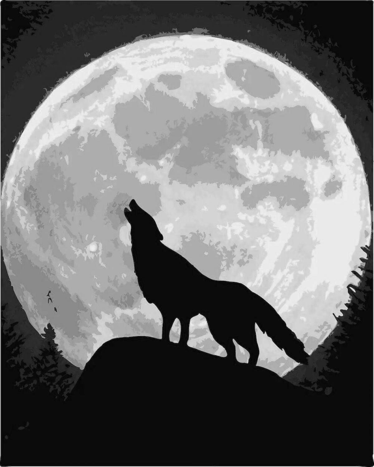 Раскраска очаровательный волк, воющий на луну