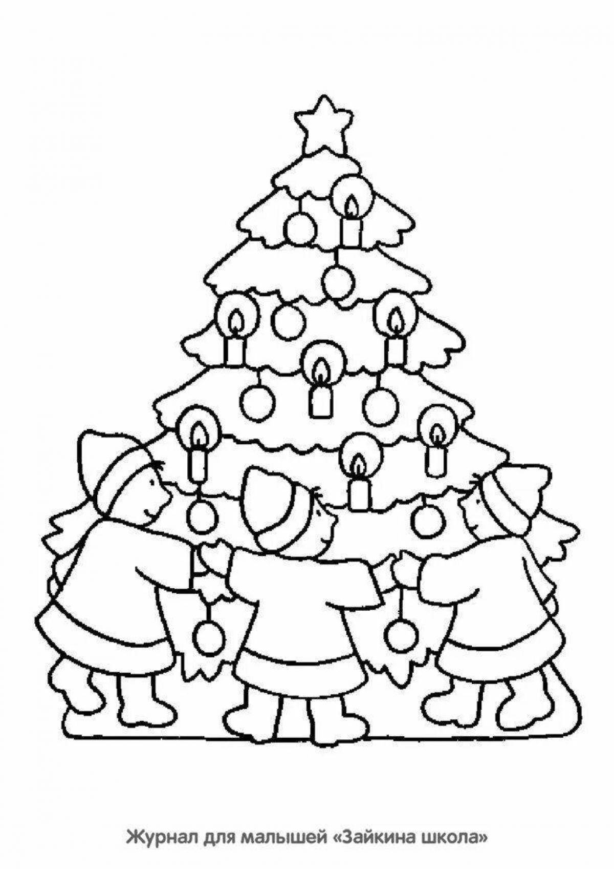 Coloring book sparkling forest raised a Christmas tree