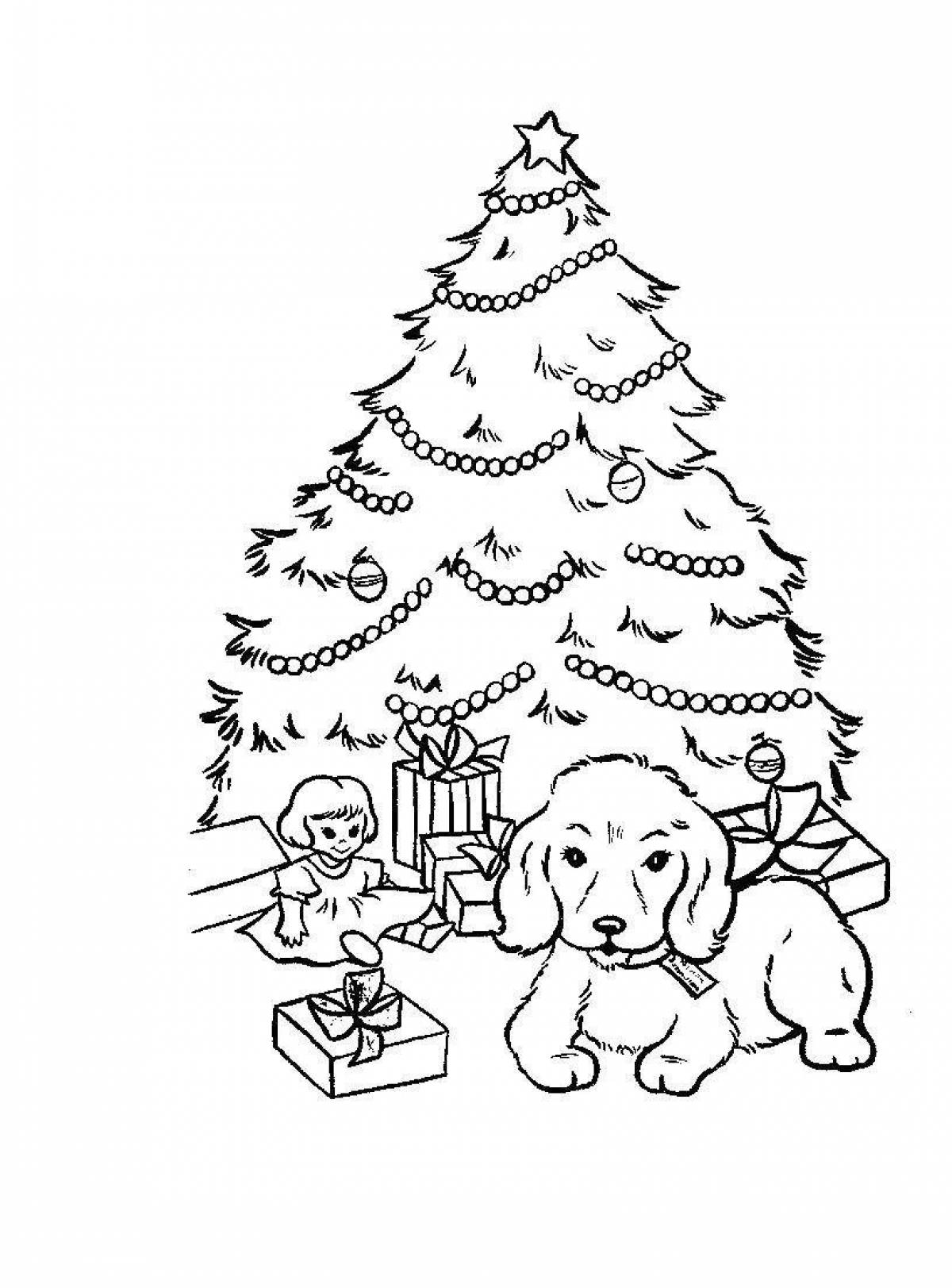 Coloring book forest shining raised a Christmas tree