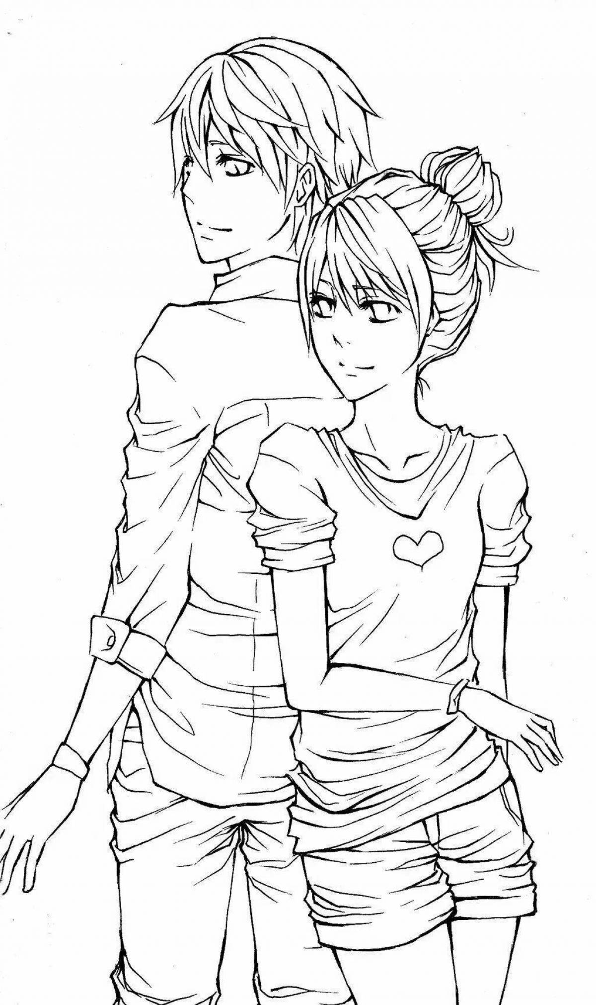 Joyful anime boy and girl coloring book
