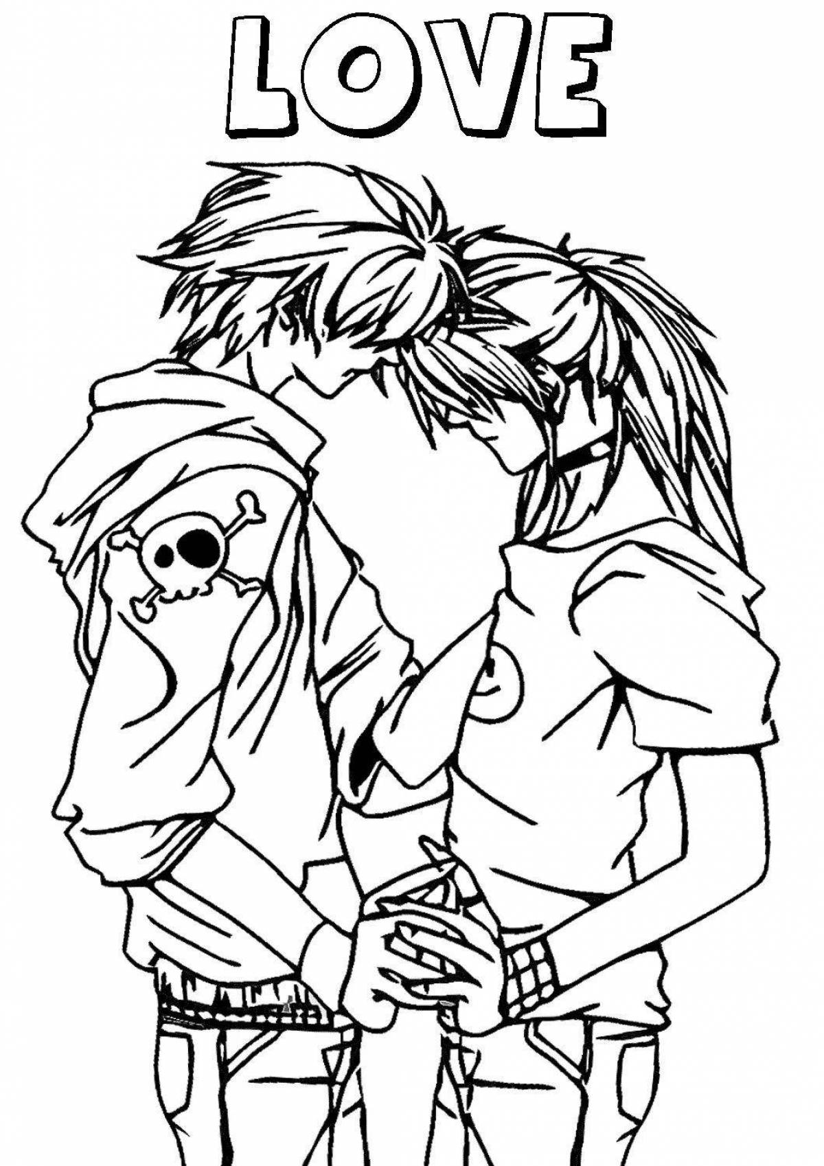 Playful anime boy and girl coloring page