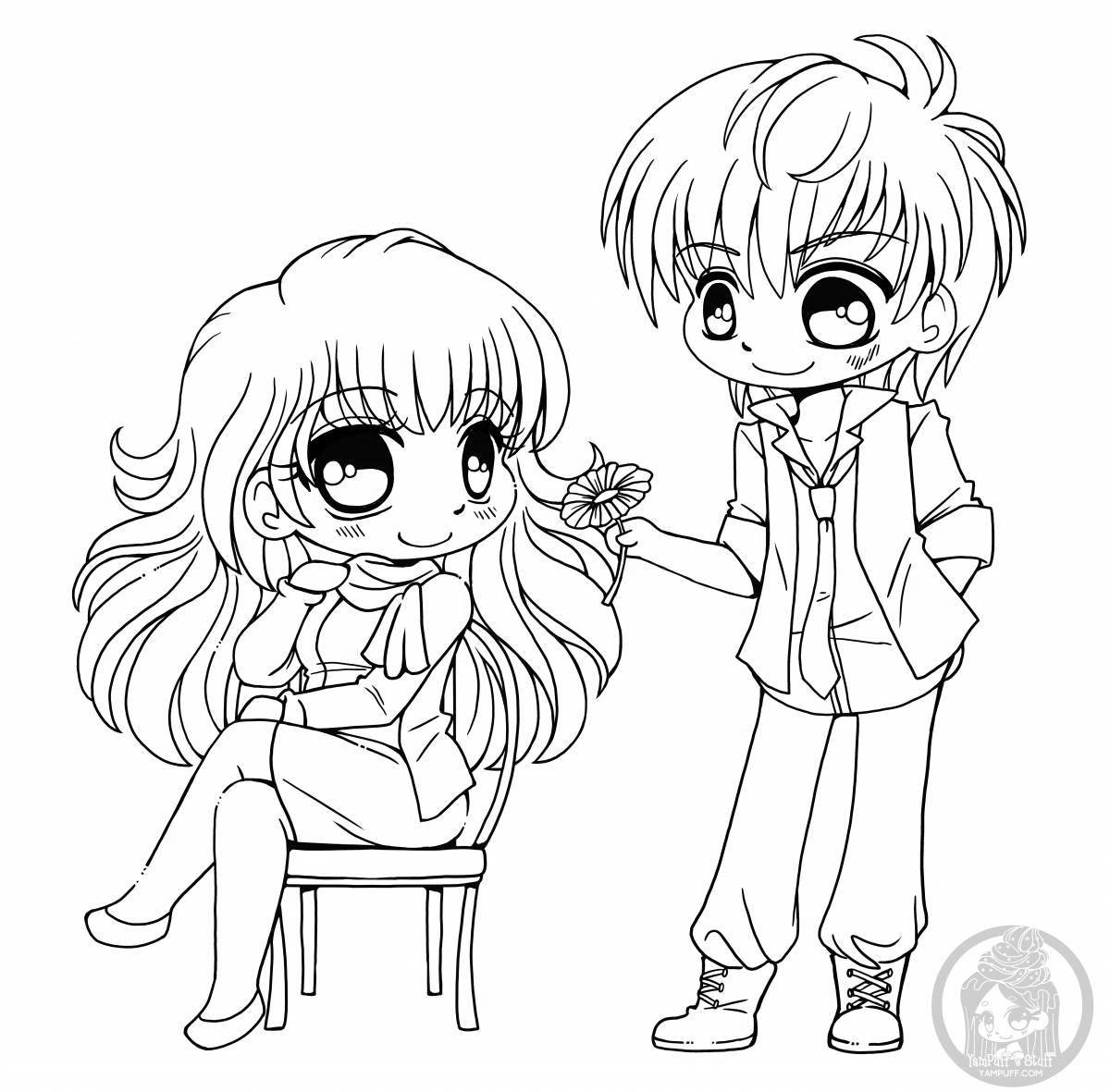 Elegant anime boy and girl coloring book