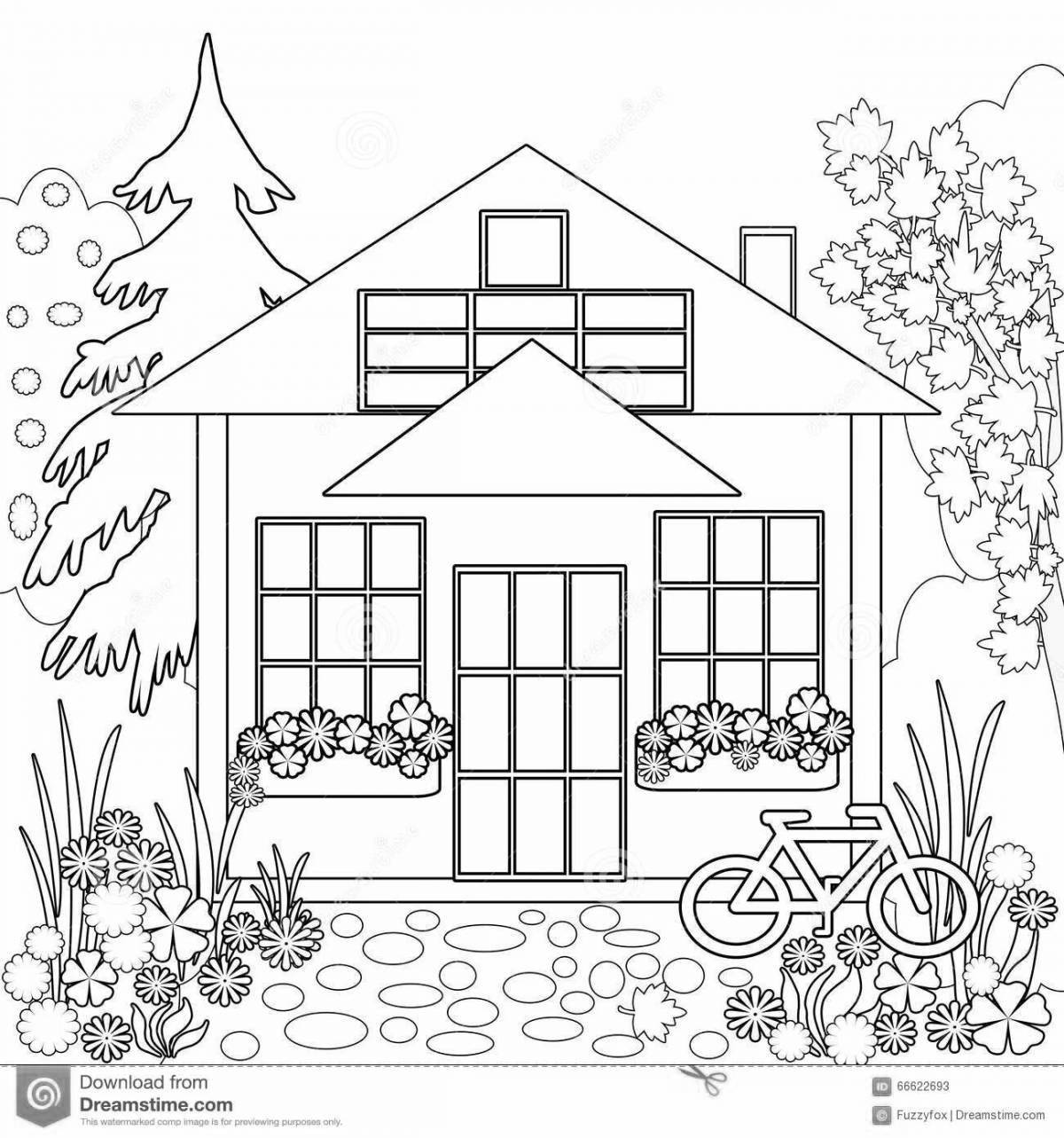 Coloring page happy houses and flowers