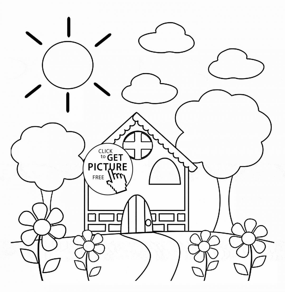 Adorable houses and flowers coloring page