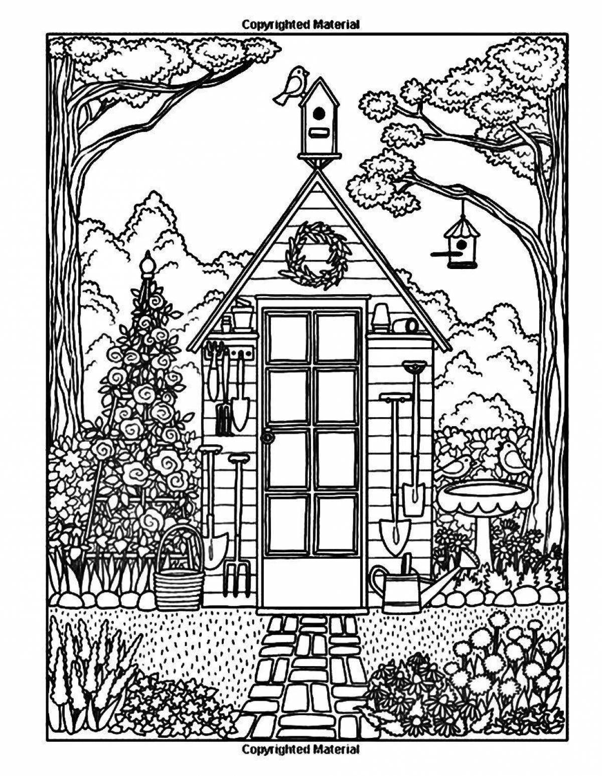 Coloring page charming houses and flowers