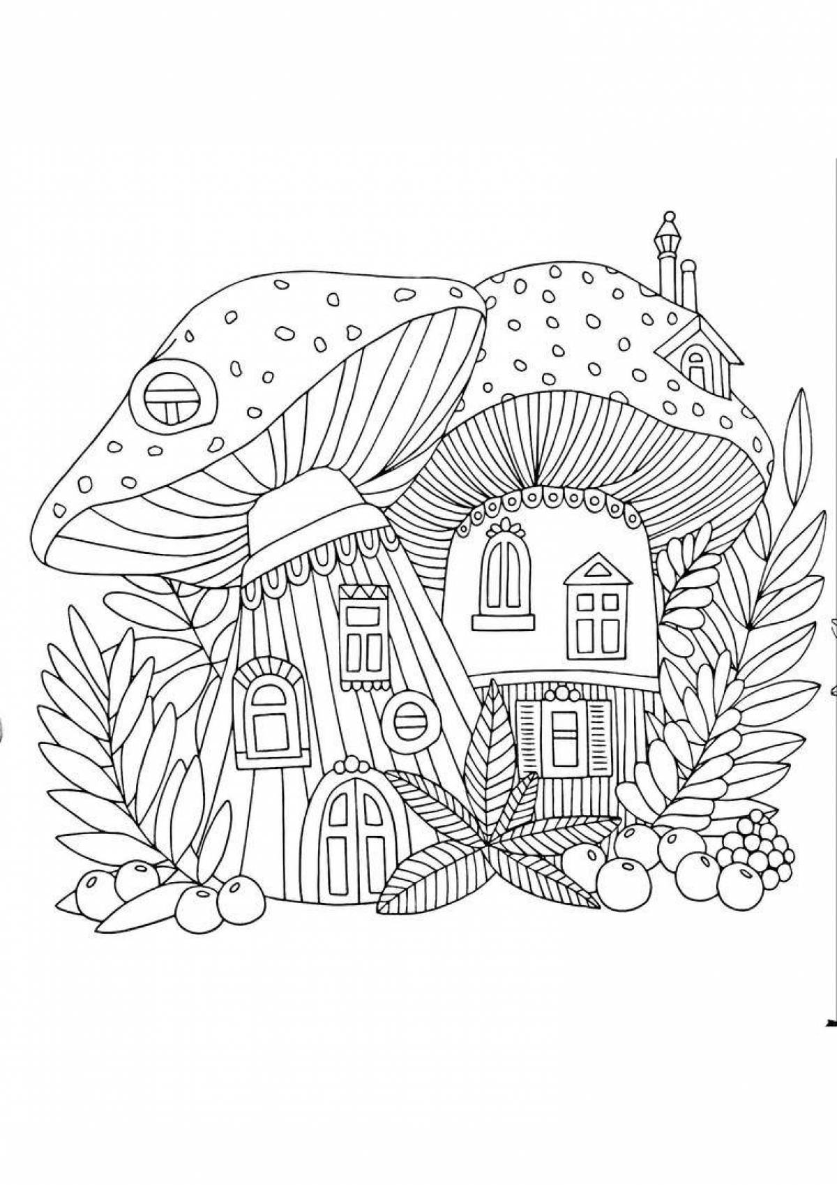 Coloring book glowing houses and flowers