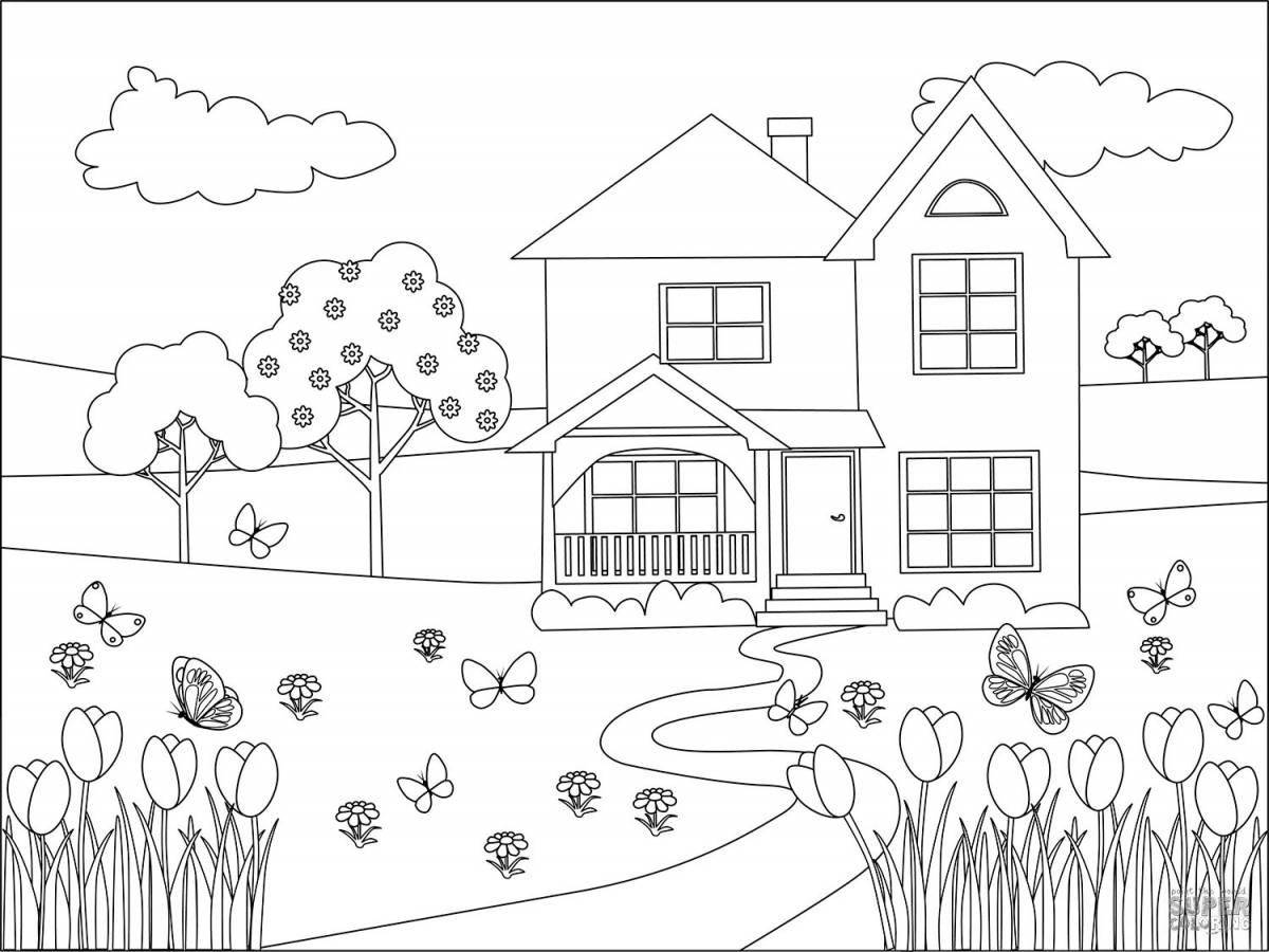 Coloring page dazzling houses and flowers