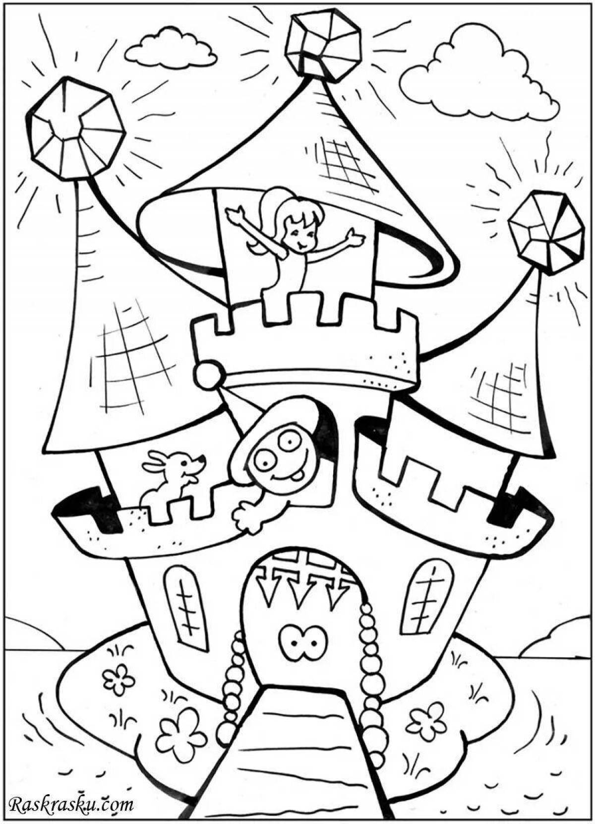 Glitter coloring pages for girls with houses and castles