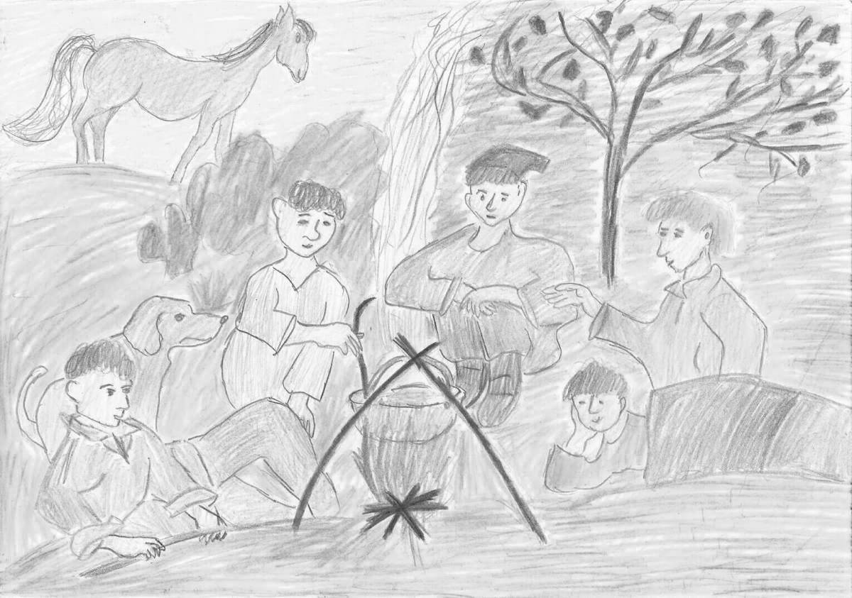 Cheerful Bezhinsky meadow boys by the fire