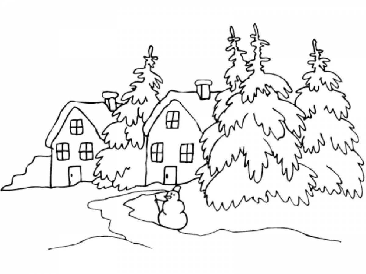 Colourful winter landscape coloring book for children 6-7 years old