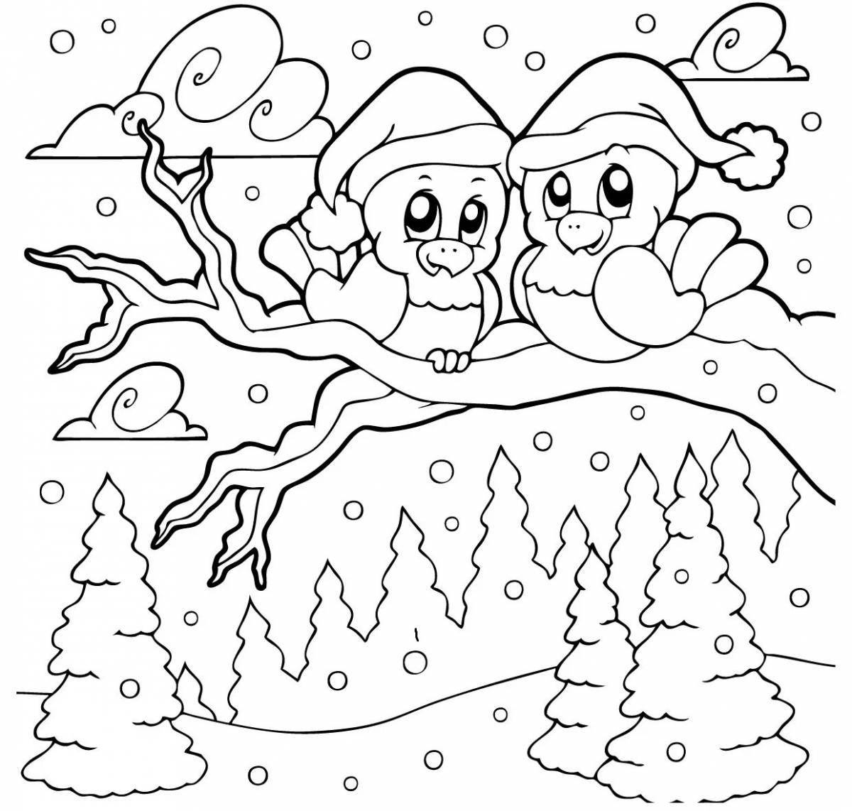 Bright winter landscape coloring for children 6-7 years old