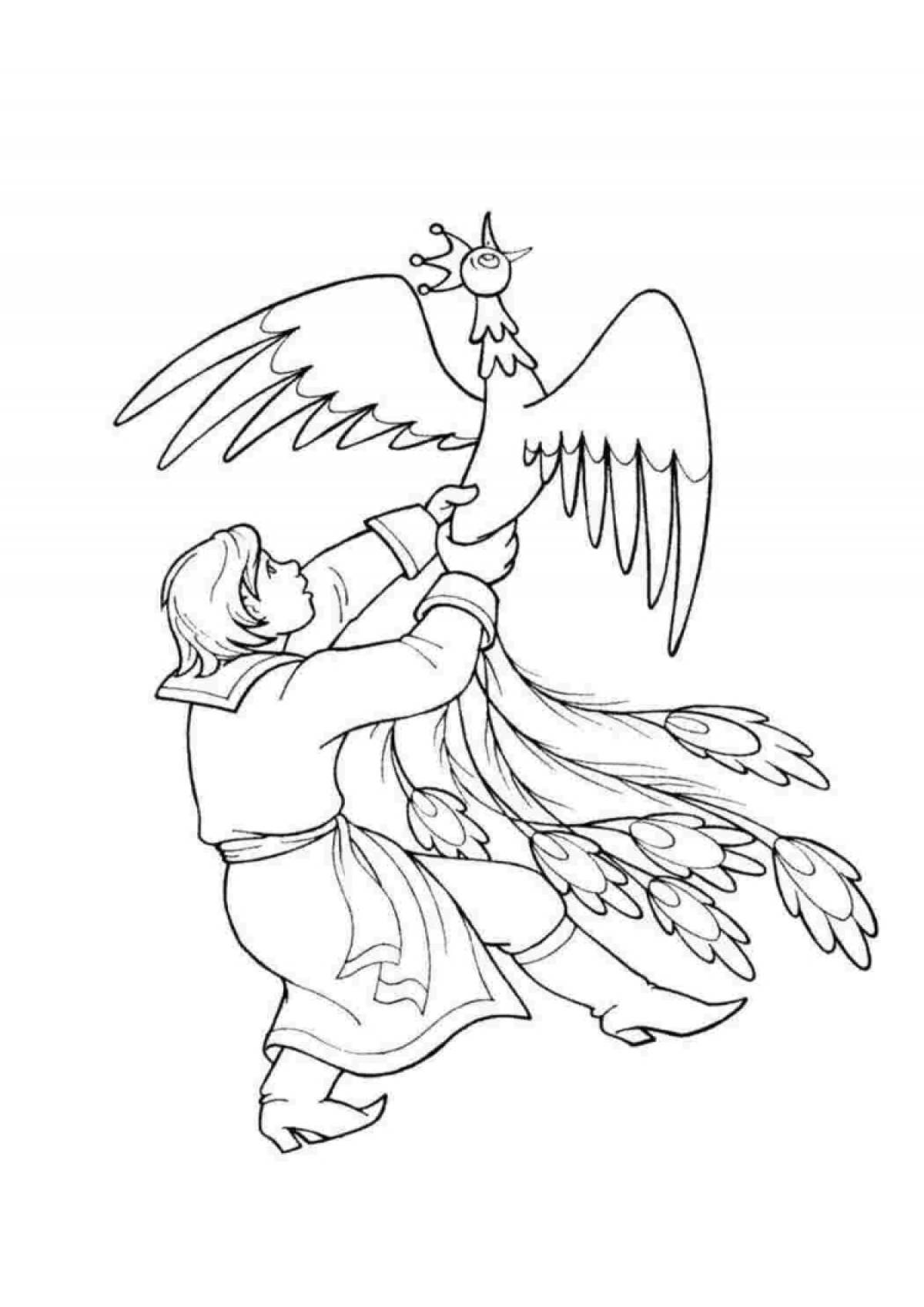 Richly drawn Ivan Tsarevich and the firebird coloring book
